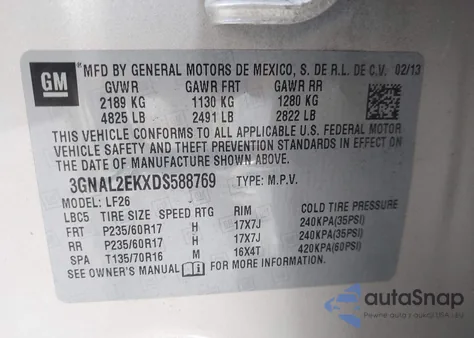 2013 Chevrolet Captiva Sport 2Ls z USA, uszkodzony, nr VIN 3GNAL2EKXDS588769